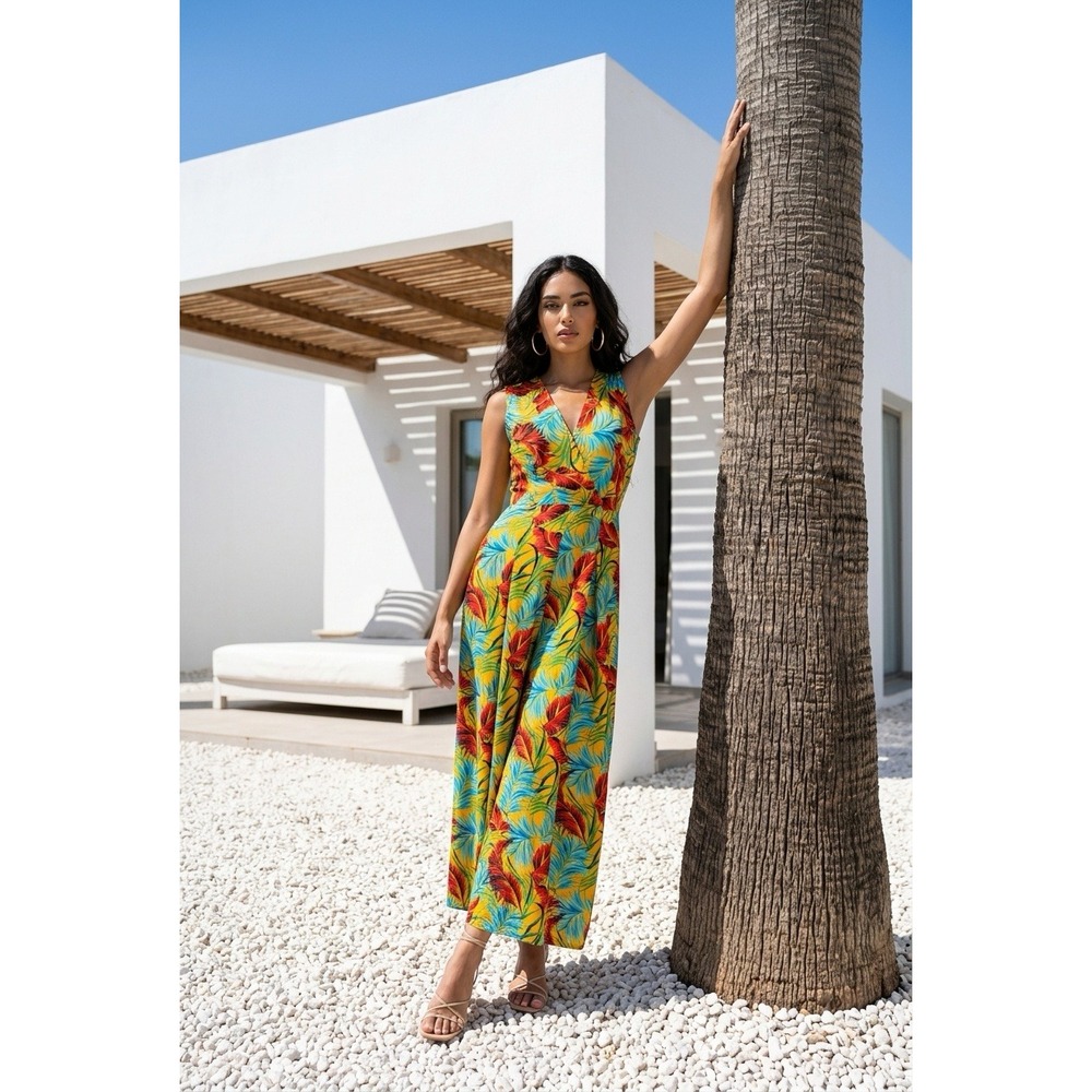 Forever 21 Tropical Palm Leaf Sleeveless Jumpsuit Mustard Yellow Sm Beachy Boho